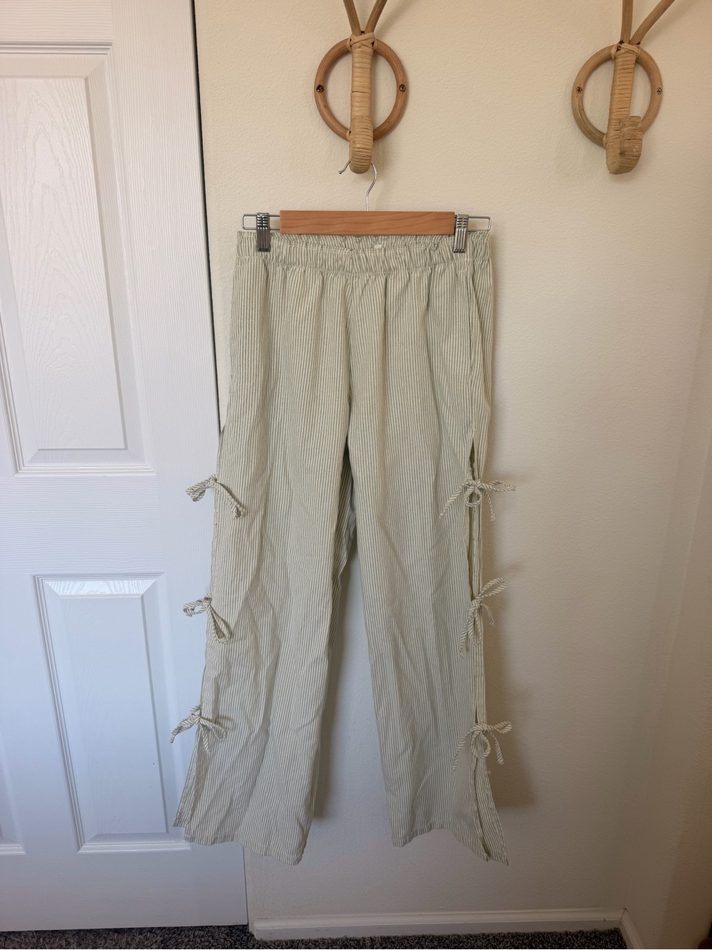 Light Green Pin Stripe Tie-Side Wide Leg Pants